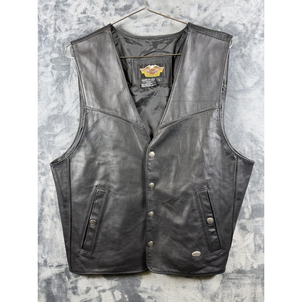 Harley-Davidson Vest Mens L Black Leather Snap Front Biker Motorcycle USA